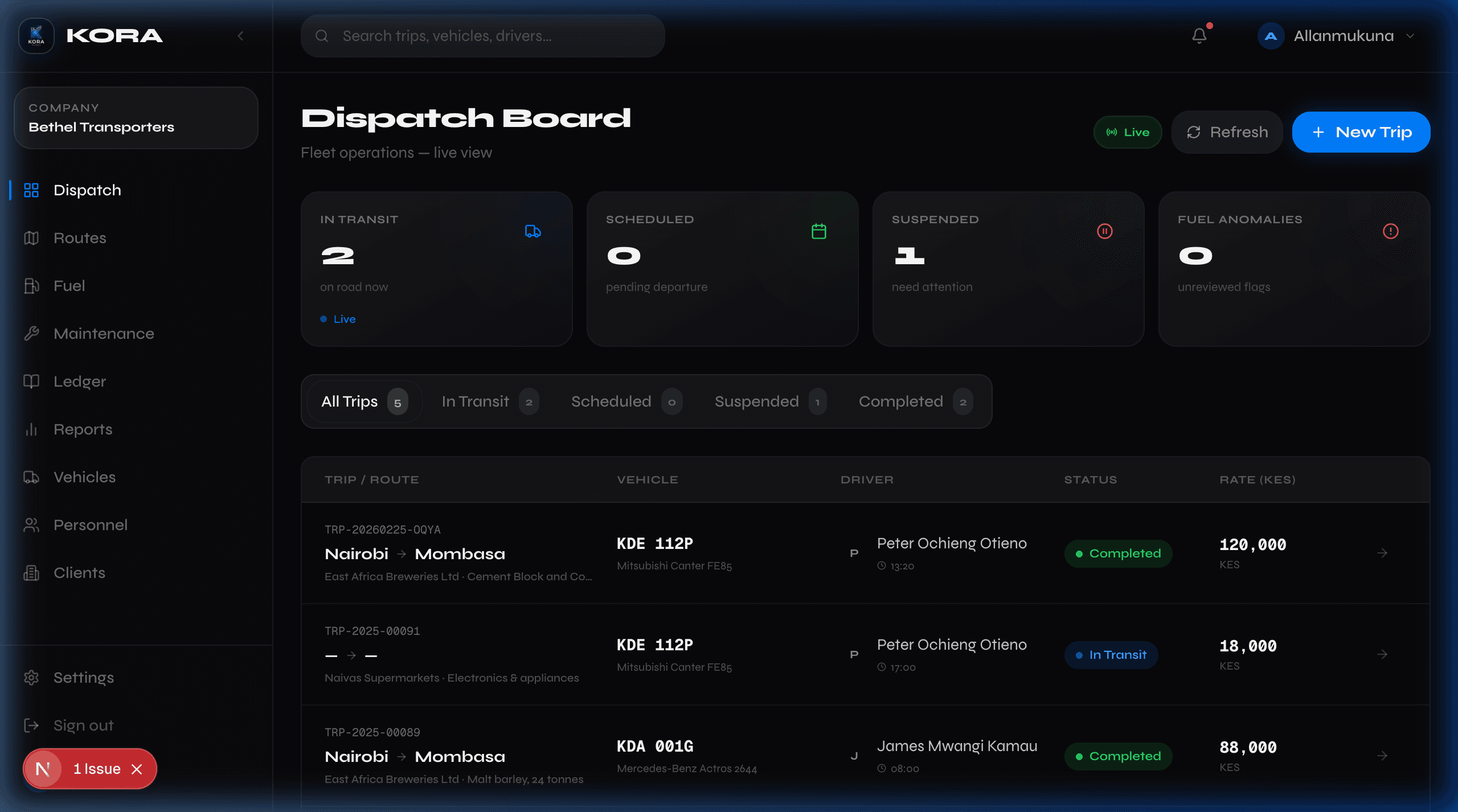 Kora fleet command dashboard with live tracking and operational analytics